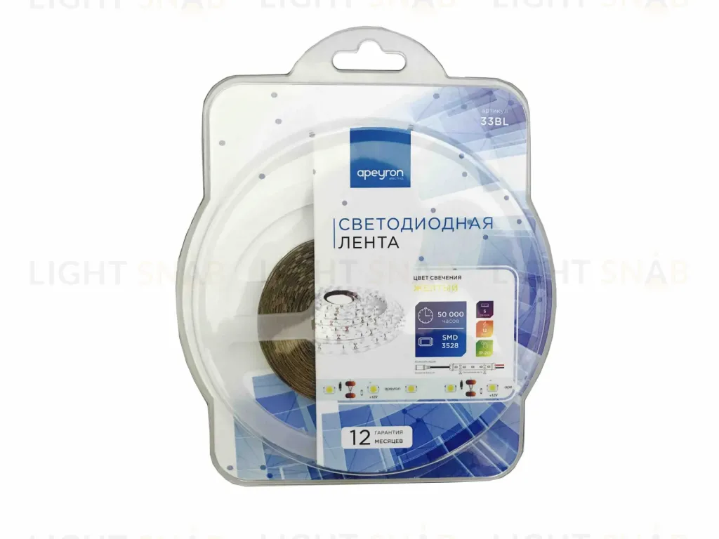 Светодиодная лента Apeyron 12В СТ 4,8Вт/м smd3528, 60д/м IP20 5м желтая 33BL 33BL