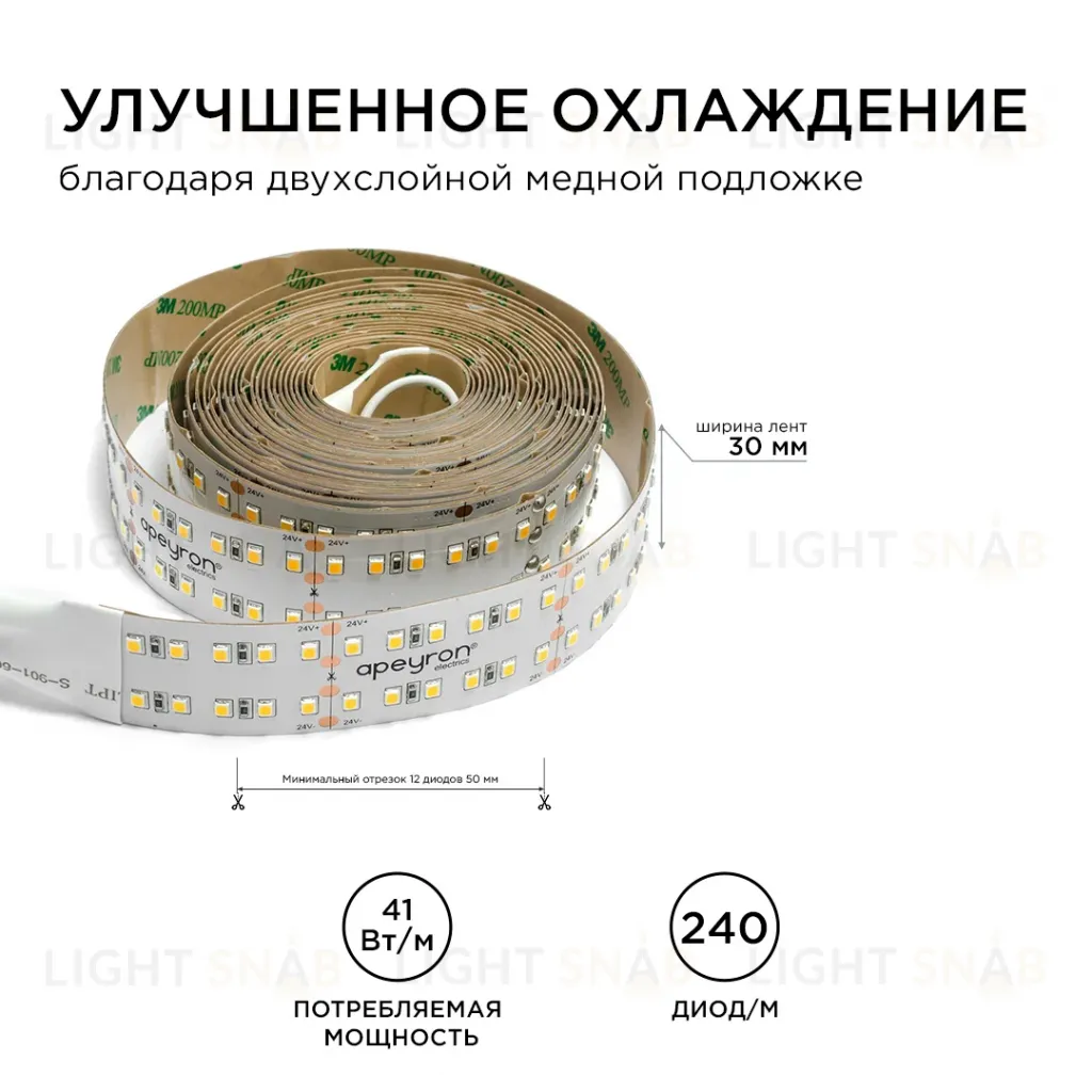 Светодиодная лента Apeyron 24В ПРО 42Вт/м smd2835 240д/м IP20 4200Лм/м 5м 4000К 00-316 00-316