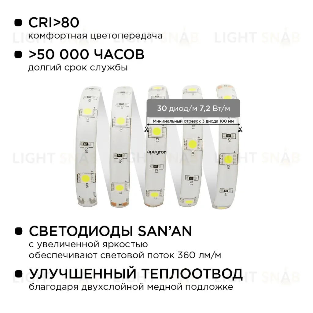 Комплект светодиодной ленты Apeyron 12В 7.2Вт/м smd 5050 30 д/м IP65 5м 6400K (блок, коннектор) 10-01 10-01