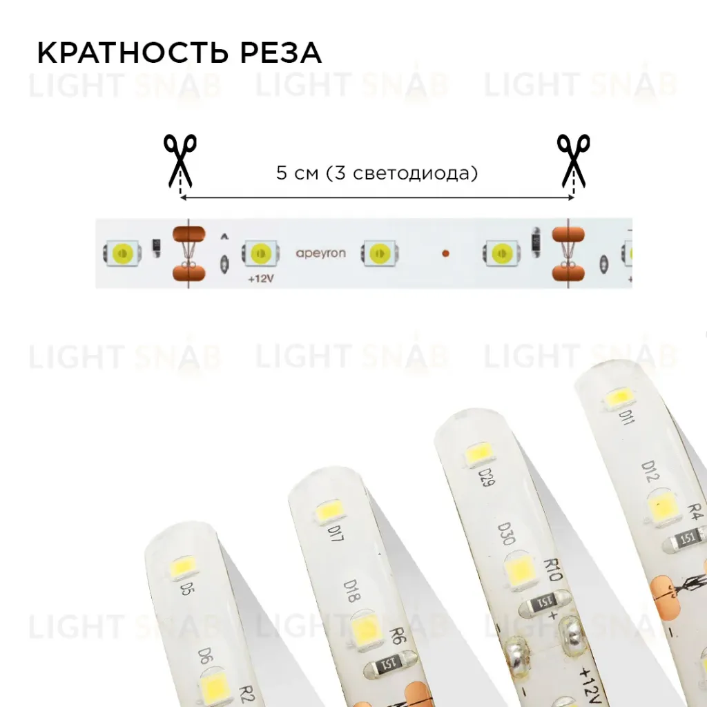 Комплект светодиодной ленты Apeyron 12В 4.8Вт/м smd 3528 60 д/м IP65 5м 3000K (блок, коннектор) 10-27 10-27