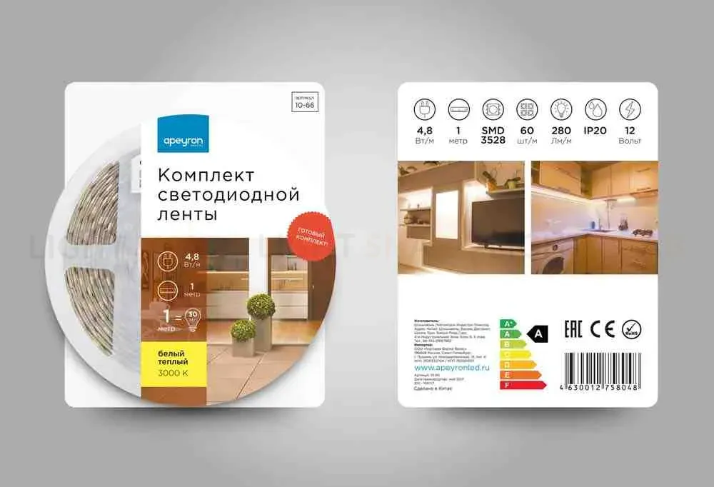 Комплект светодиодной ленты Apeyron 12В 48Вт/м smd 3528 60 д/м IP20 1м 3000К (блок, коннектор) 10-66 10-66