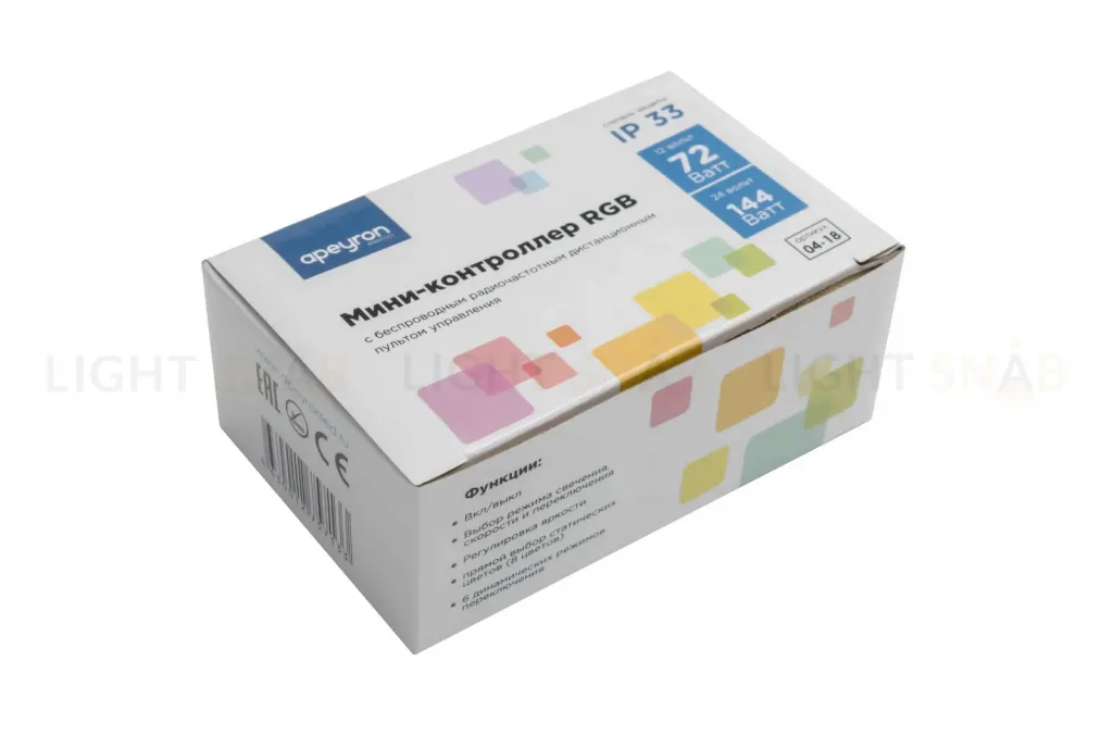 Мини-контроллер RGB Apeyron 12/24В 72/144Вт 3 канала*2 А RF пульт 04-18 04-18