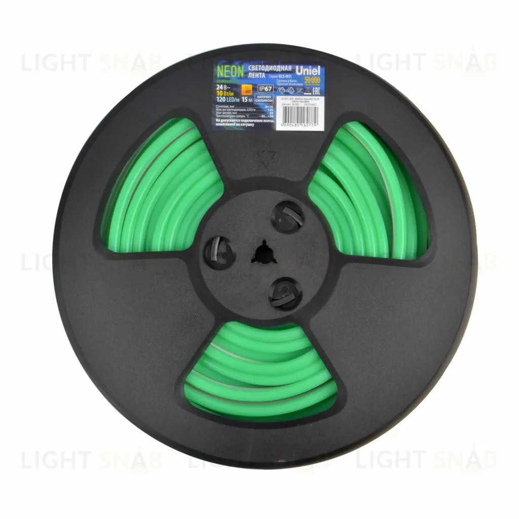 Светодиодная лента Uniel ULS-N11-2835-120LED/m-8mm-IP67-DC24V-10W/m-15M-GREEN UL-00009100 ULS-N11-2835-120LED/m-8mm-IP67-DC24V-10W/m-15M-GREEN катушка в герметичной упаковке