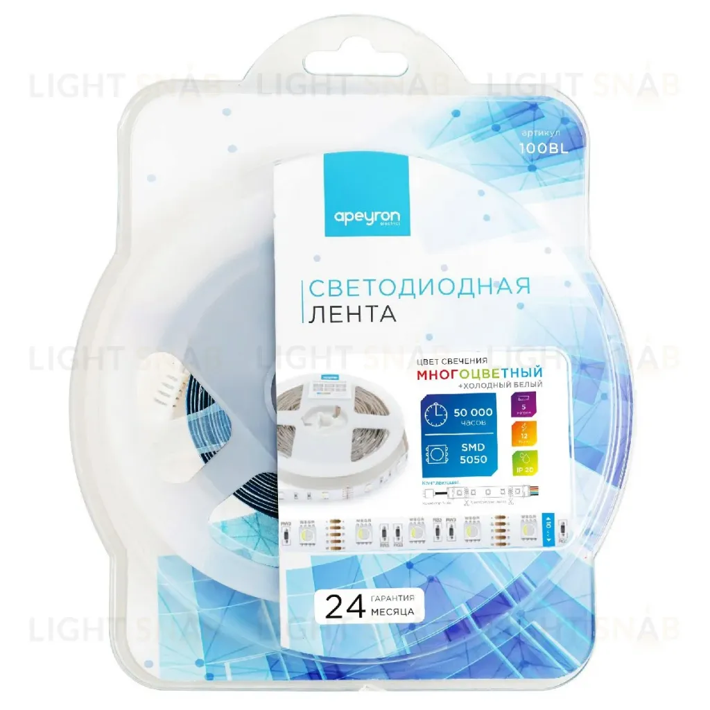 Светодиодная лента Apeyron 12В 7,2Вт/м smd5050 30д/м IP20 360Лм/м 5м RGBW 100BL 100BL