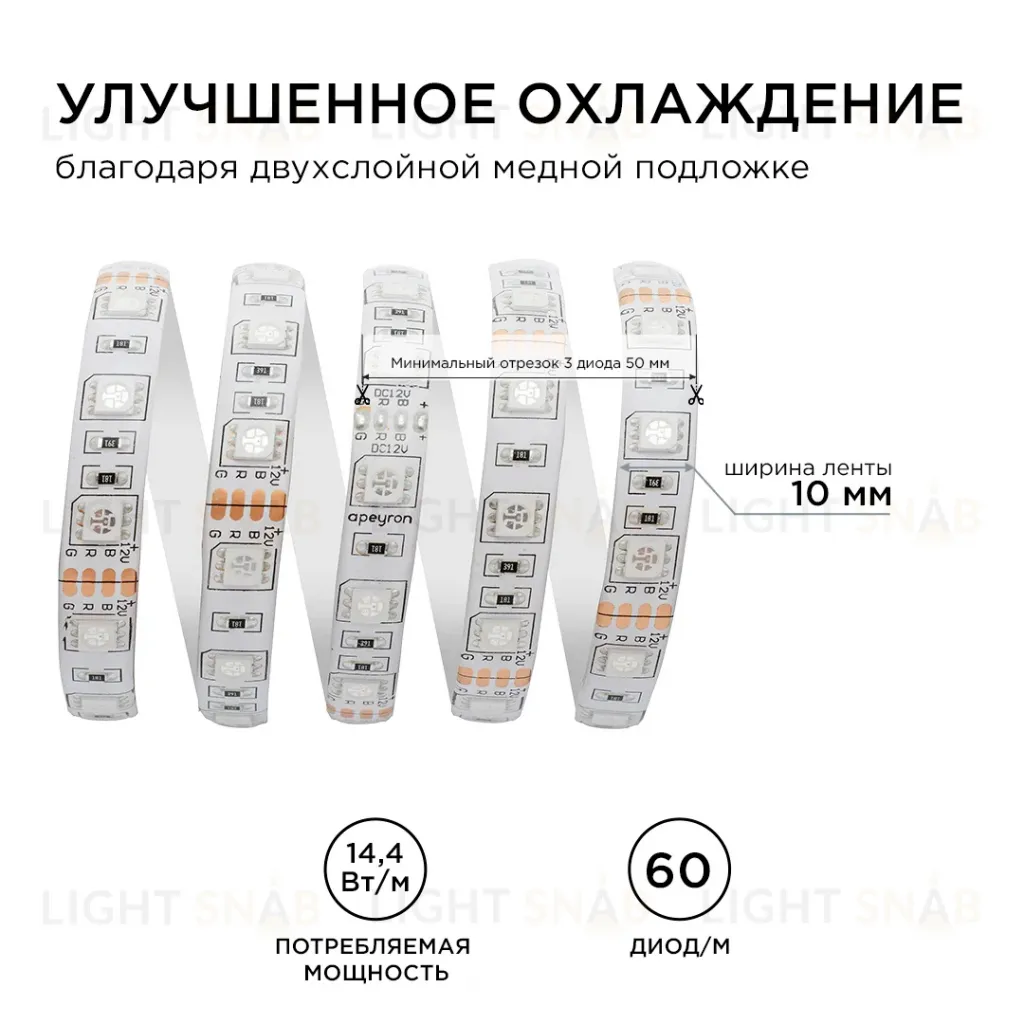 Светодиодная лента Apeyron 12В 14,4Вт/м smd5050 60д/м IP65 1м RGB 260BL 260BL