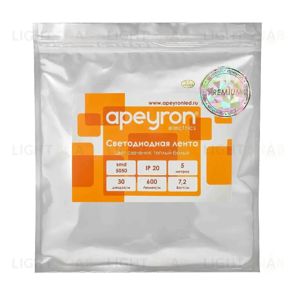 Светодиодная лента Apeyron 12В 5050 7,2Вт/м 3000К 600Лм/м 5м IP20 00-437 00-437
