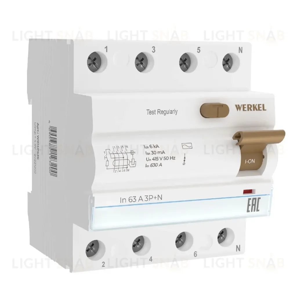 Устройство защитного отключения 3P+N 63 A 30m А АС 6 kА Werkel W914P636 4690389193200 a062566 4690389193200