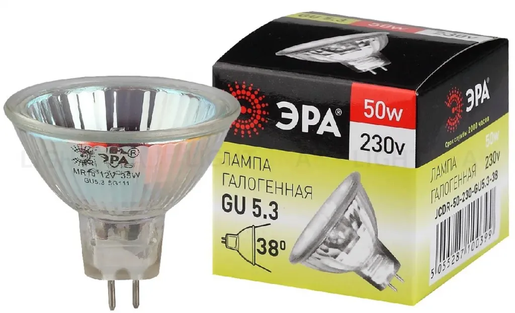 Лампа галогенная Эра GU5.3 50W 3000K GU5.3-JCDR (MR16) -50W-230V-CL C0027365 C0027365