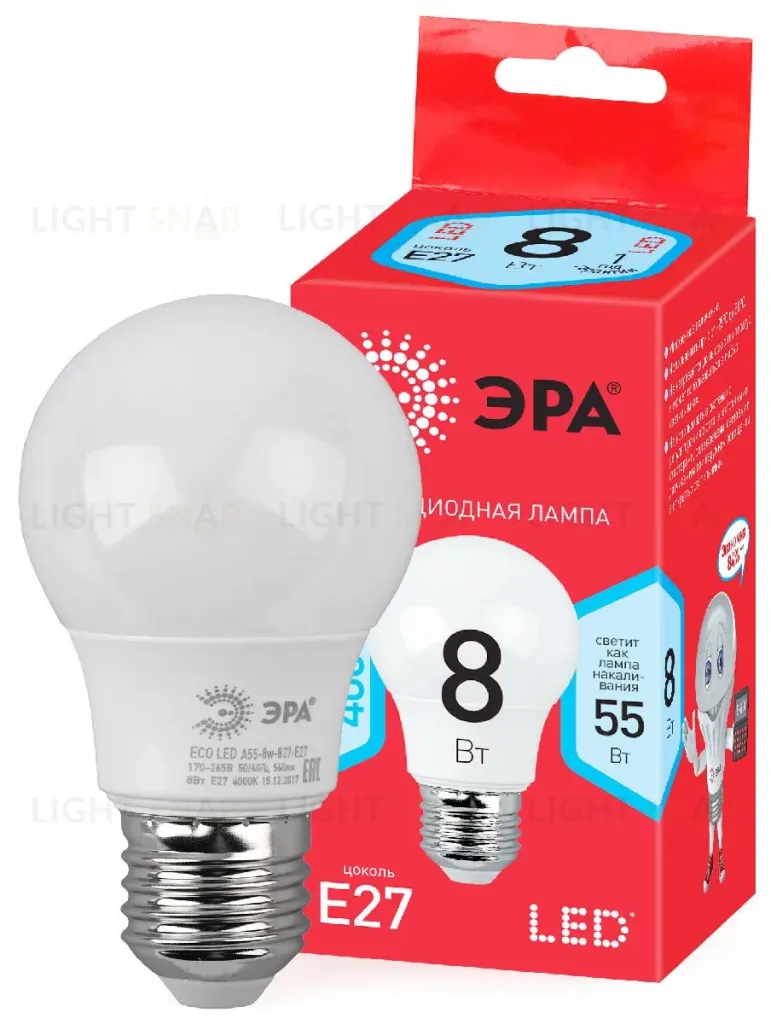 Лампа светодиодная Эра E27 8W 4000K ECO LED A55-8W-840-E27 Б0032096 Б0032096