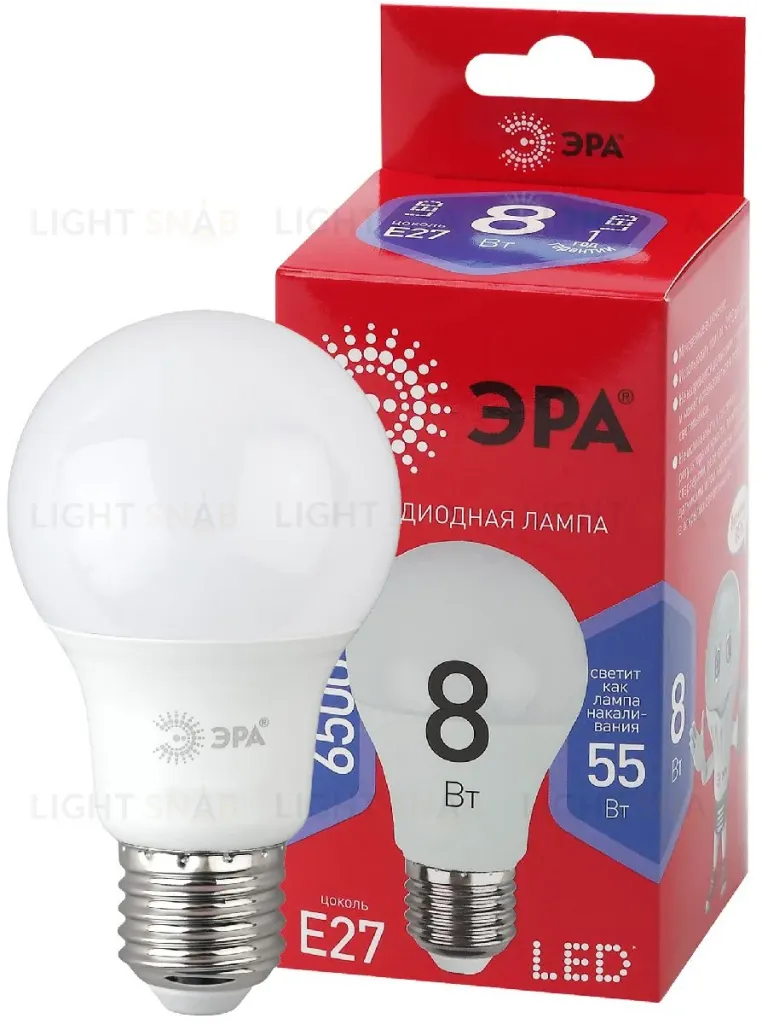 Лампа светодиодная Эра E27 8W 6500K LED A60-8W-865-E27 R Б0045323 Б0045323