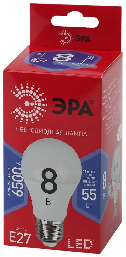 Лампа светодиодная Эра E27 8W 6500K LED A60-8W-865-E27 R Б0045323 Б0045323