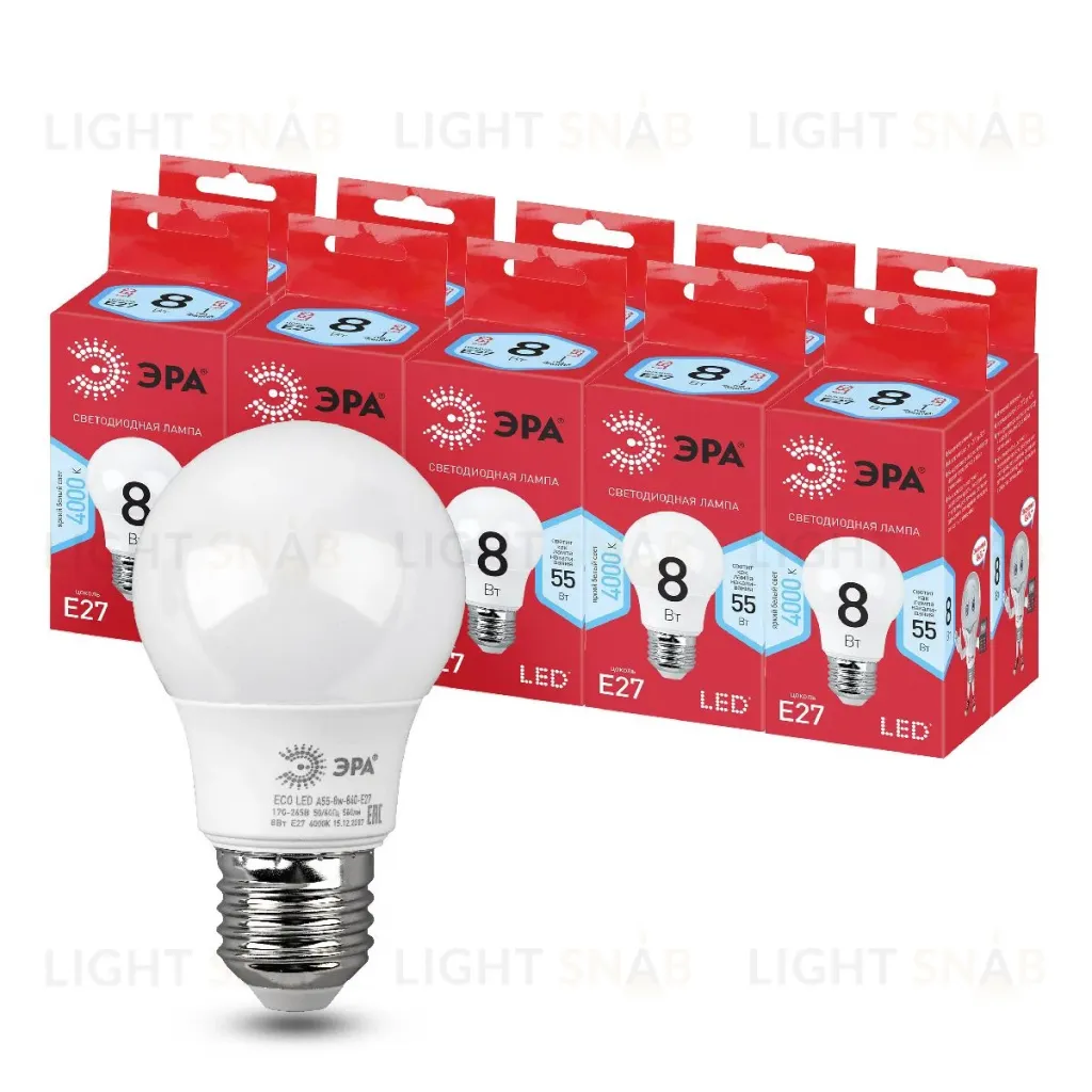 Лампа светодиодная Эра E27 8W 4000K LED A55-8W-840-E27 R Б0052382 Б0052382