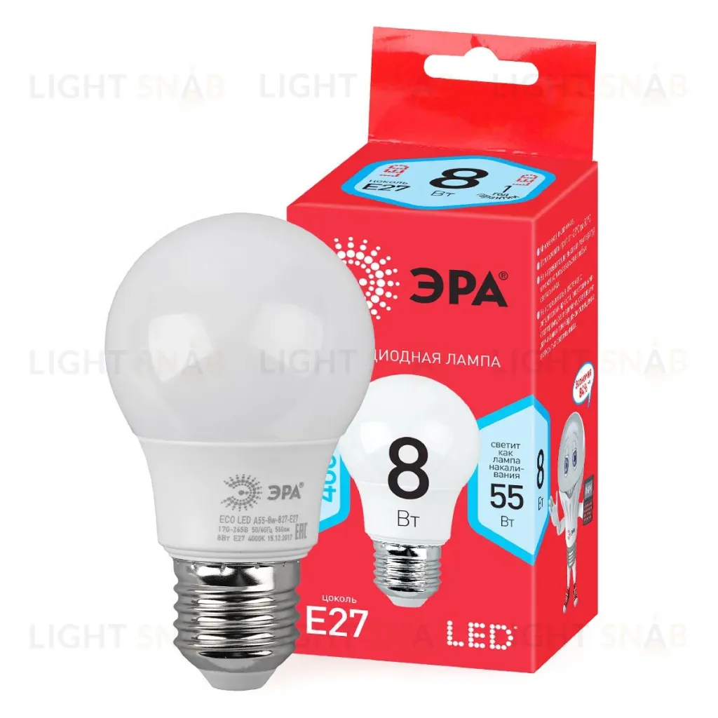 Лампа светодиодная Эра E27 8W 4000K LED A55-8W-840-E27 R Б0052382 Б0052382