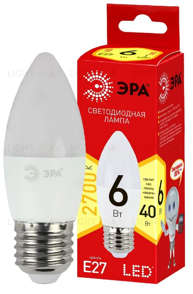Лампа светодиодная Эра E27 6W 2700K ECO LED B35-6W-827-E27 Б0020620 Б0020620