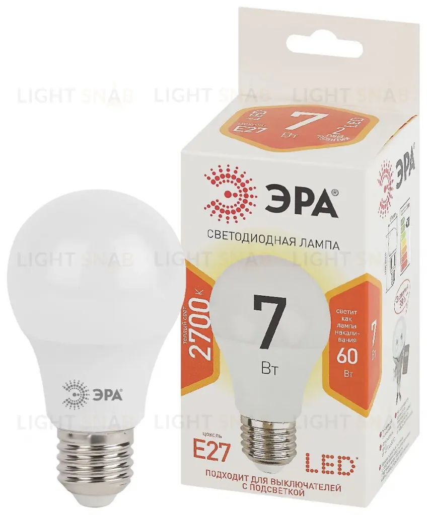 Лампа светодиодная Эра E27 7W 2700K LED A60-7W-827-E27 Б0029819 Б0029819