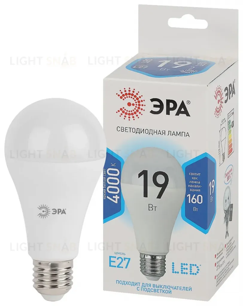 Лампа светодиодная Эра E27 19W 4000K LED A65-19W-840-E27 Б0031703 Б0031703