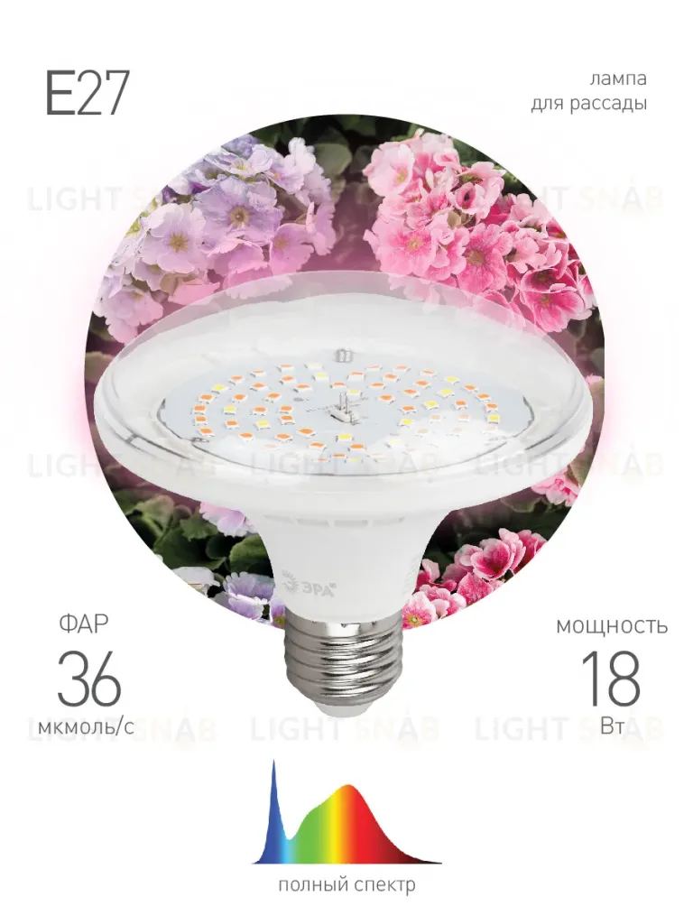 Фитолампа для растений светодиодная Эра E27 18W 6500K FITO-18W-Ra90-E27 Б0057710 Б0057710