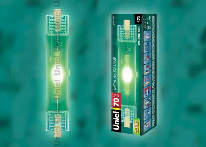 Лампа металлогалогенная линейная (04848) Uniel R7s 70W прозрачная MH-DE-70/GREEN/R7s MH-DE-70/GREEN/R7s картон