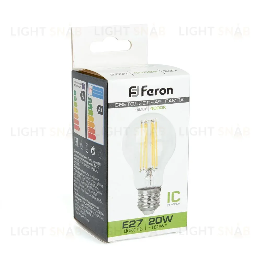 Лампа светодиодная филаментная Feron E27 20W 4000K прозрачная LB-620 38246 38246