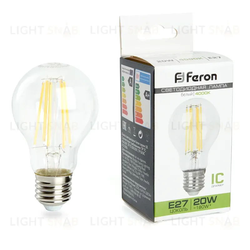 Лампа светодиодная филаментная Feron E27 20W 4000K прозрачная LB-620 38246 38246