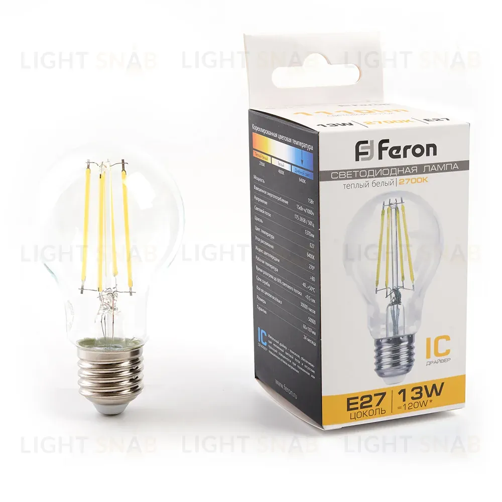 Лампа светодиодная филаментная Feron E27 13W 2700K груша прозрачная LB-613 38239 38239