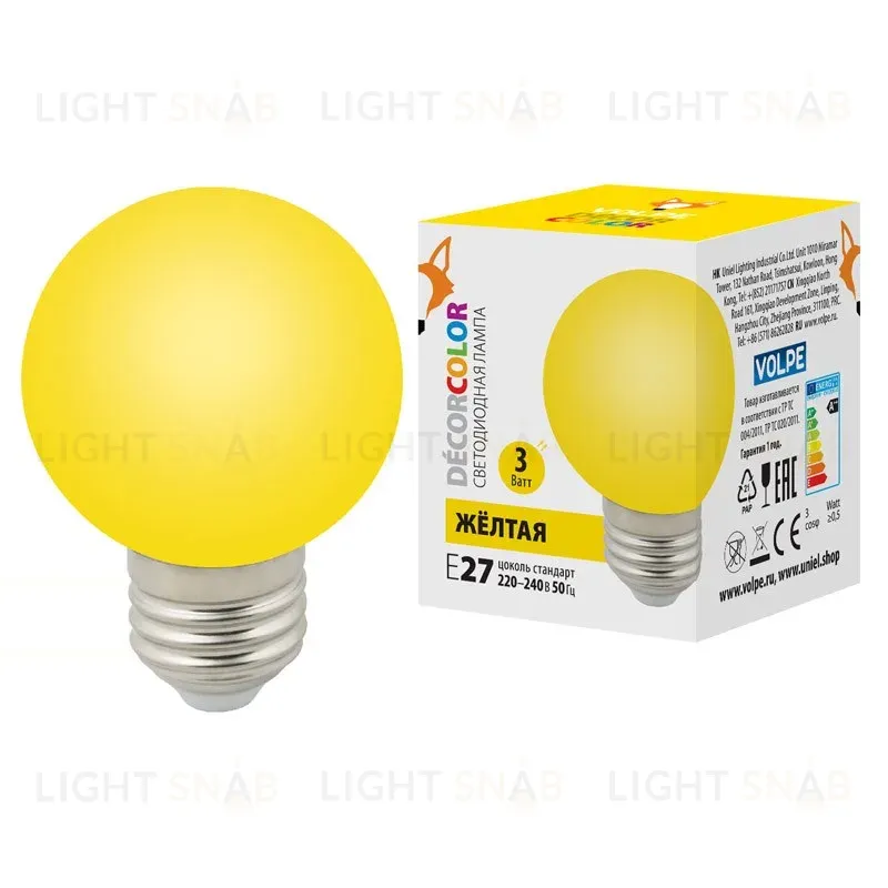 Лампа светодиодная Volpe E27 3W желтая LED-G60-3W/Yellow/E27/FR/С UL-00006961 LED-G60-3W/Yellow/E27/FR/С