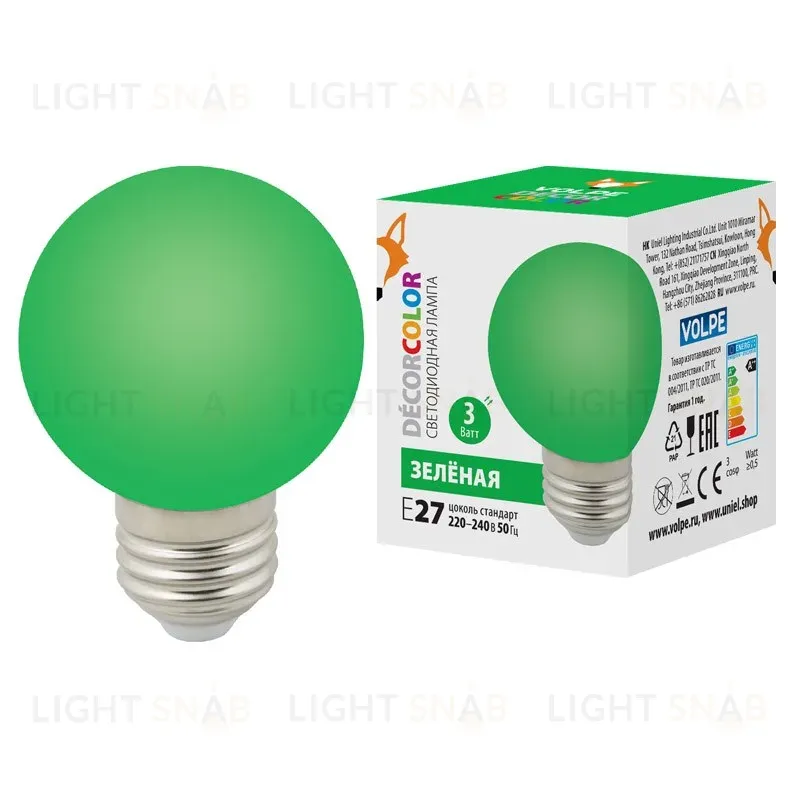 Лампа светодиодная Volpe E27 3W зеленая LED-G60-3W/Green/E27/FR/С UL-00006958 LED-G60-3W/Green/E27/FR/С