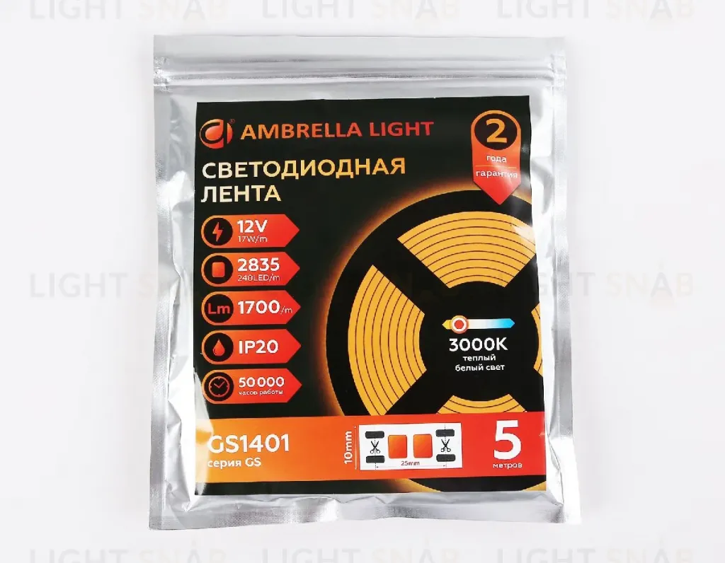 Светодиодная лента Ambrella Light LED Strip 12В 2835 17Вт/м 3000K 5м IP20 GS1401 GS1401
