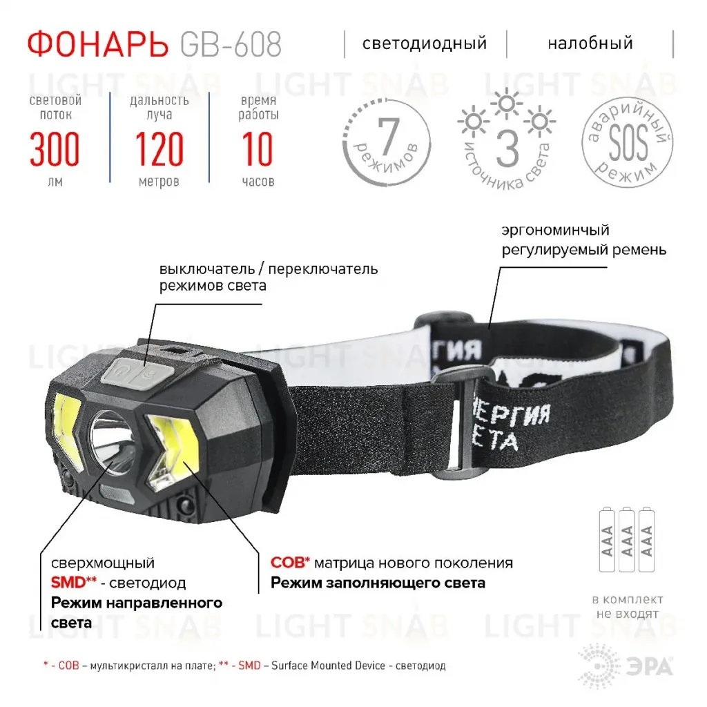 Фонарь налобный на батарейках Эра GB-608 Б0052319 Б0052319