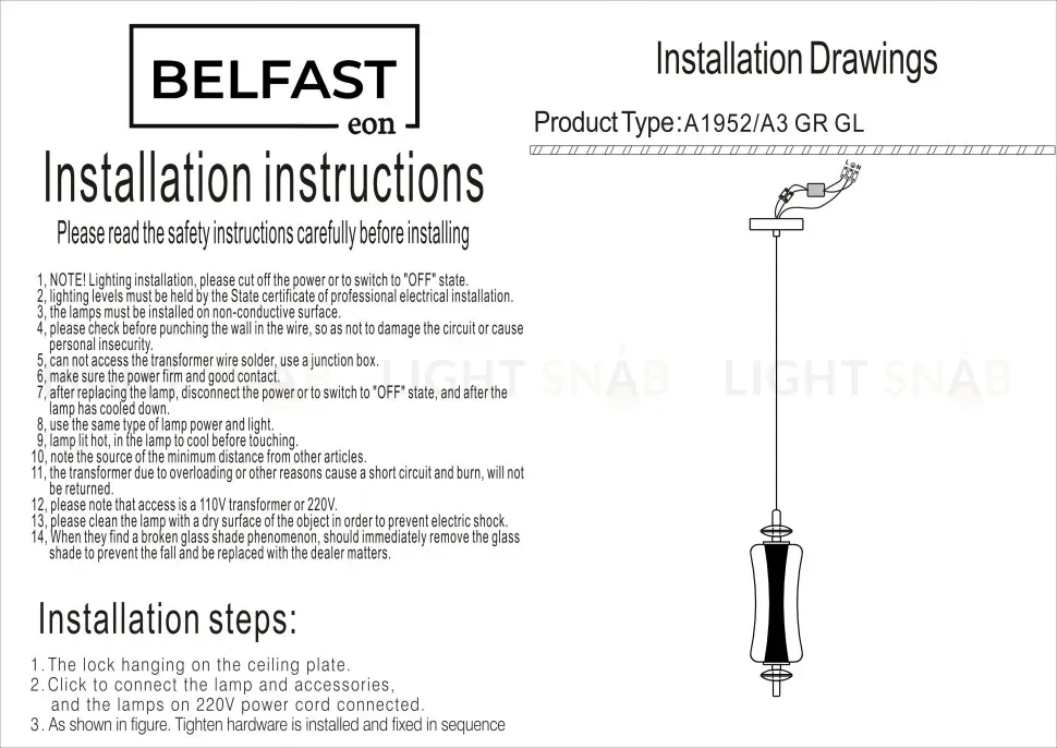 Подвесной светильник Belfast Herbison A1952-A3 GR GL A1952-A3 GR GL