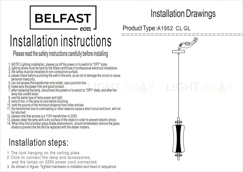 Подвесной светильник Belfast Herbison A1952 CL GL A1952 CL GL