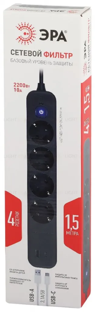 Сетевой фильтр Эра USF-4es-1,5m-2xUSBAC-B Б0059572 Б0059572