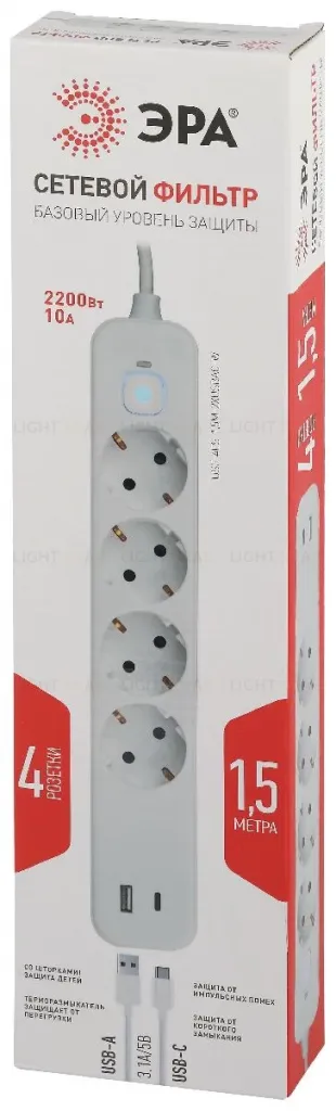 Сетевой фильтр Эра USF-4es-1,5m-2xUSBAC-W Б0059571 Б0059571