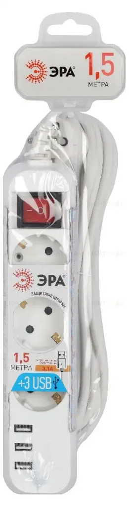 Удлинитель электрический Эра U-3es-1,5m-USB Б0052900 Б0052900