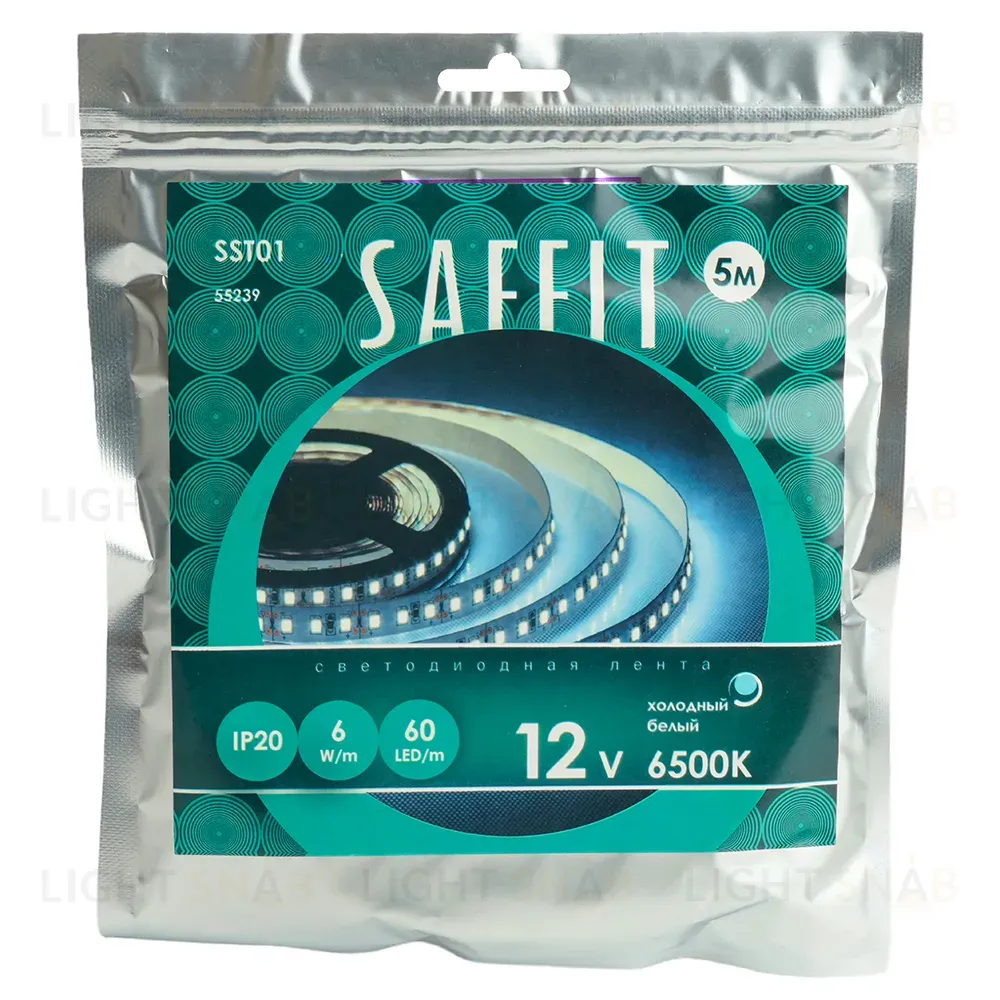 Светодиодная лента Saffit SST01 12В 6Вт/м 6500К 5м IP20 55239 55239