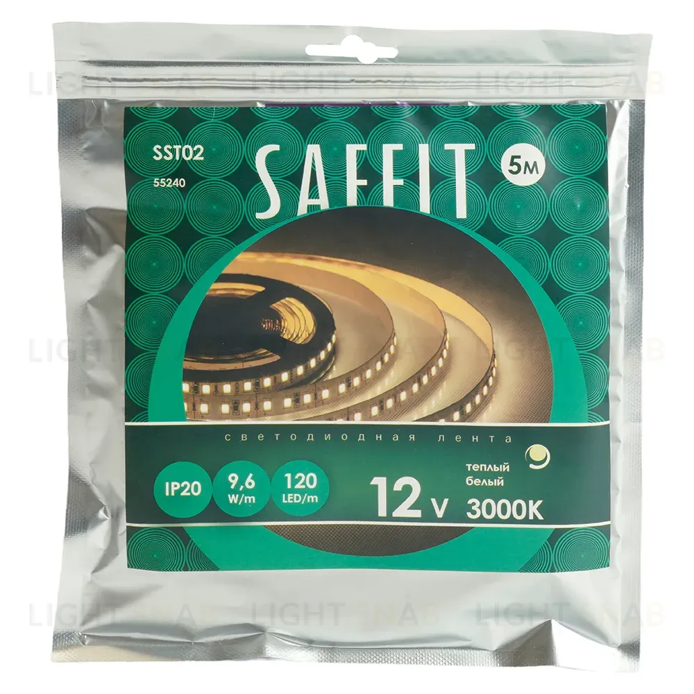 Светодиодная лента Saffit SST02 12В 9,6Вт/м 3000К 5м IP20 55240 55240
