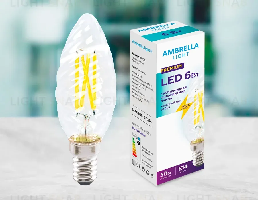 Светодиодная лампа Ambrella Light Filament C35 E14 6W 6400K 202126 202126