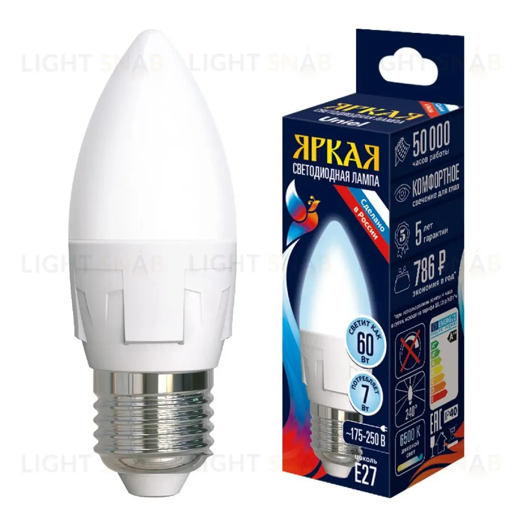 Лампа светодиодная Uniel LED-C37 7W/6500K/E27/FR PLP01WH UL-00011015 LED-C37 7W/6500K/E27/FR PLP01WH