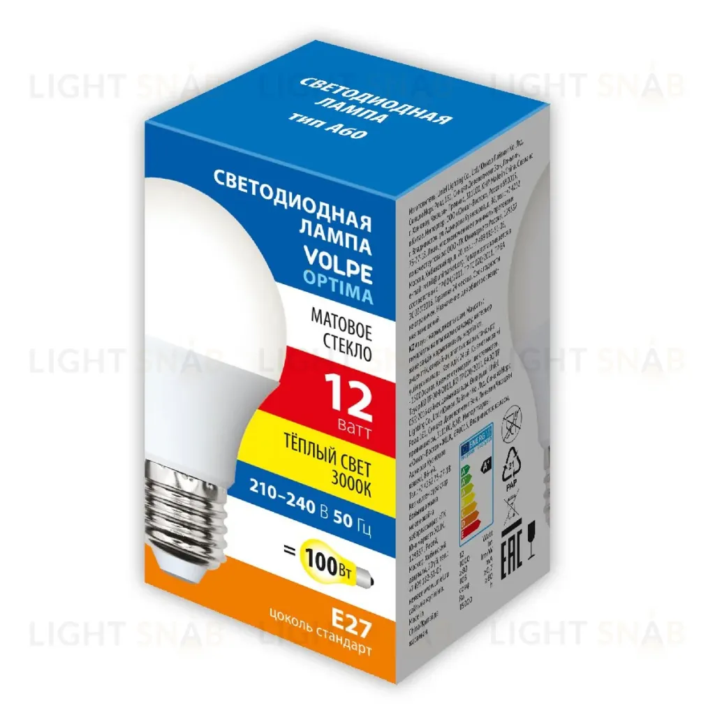 Лампа светодиодная Volpe E27 12W 3000K матовая LED-A60-12W/3000K/E27/FR/SLS UL-00008776 LED-A60-12W/3000K/E27/FR/SLS