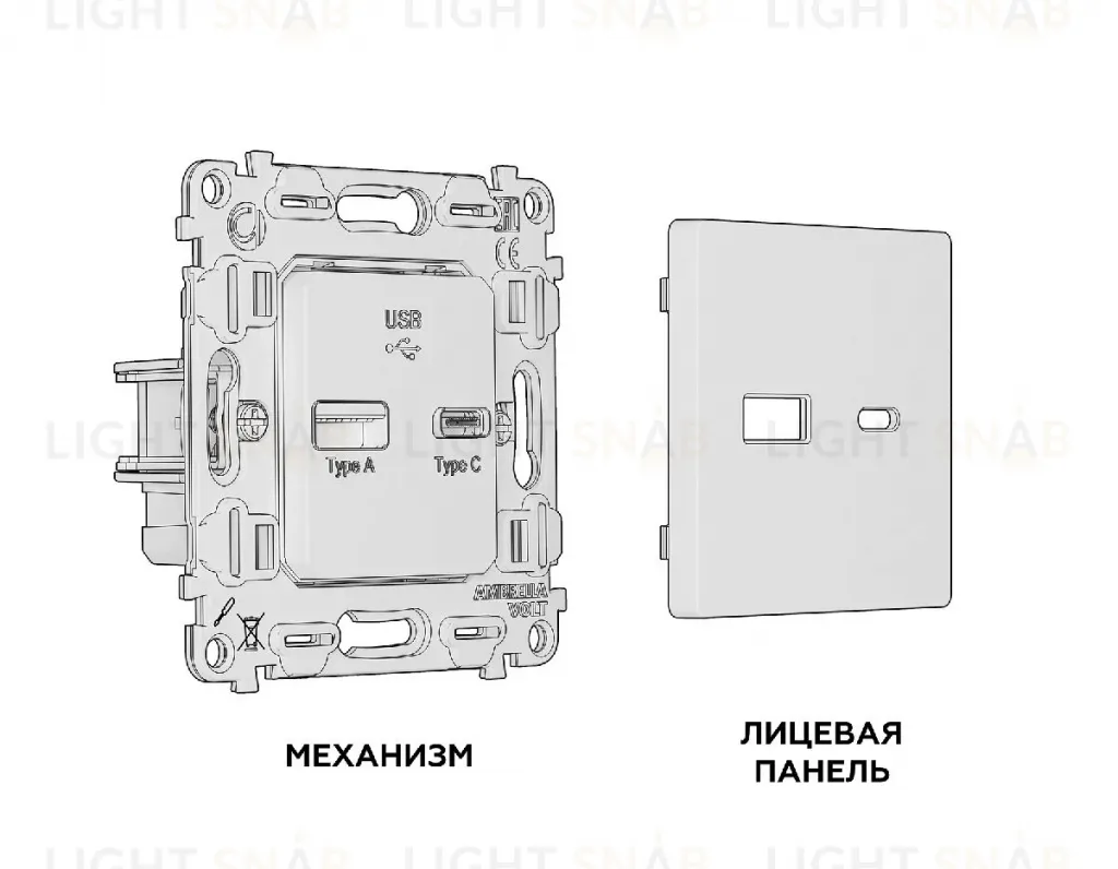 Комплект механизма розетки 2USB A+C 20W (быстрая зарядка) Ambrella Volt Alfa MA131010 MA131010