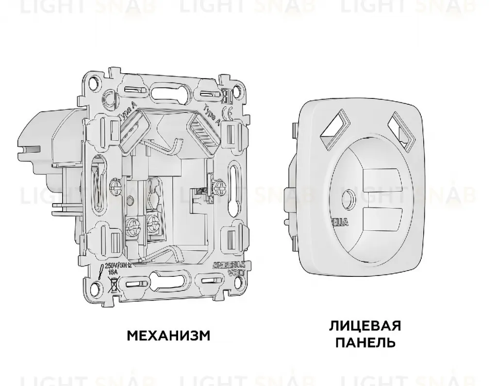 Комплект механизма розетки 2USB A+A 18W (быстрая зарядка) с/з Ambrella Volt Omega MO129010 MO129010