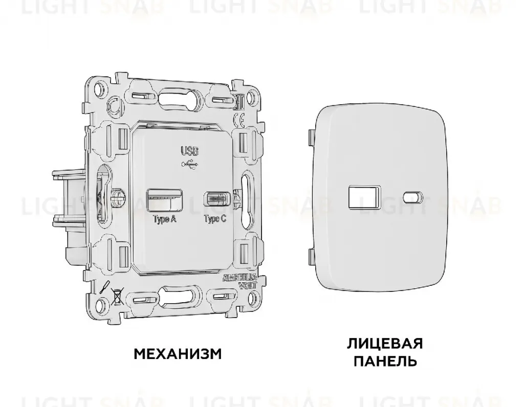 Комплект механизма розетки 2USB A+C 20W (быстрая зарядка) Ambrella Volt Omega MO331010 MO331010