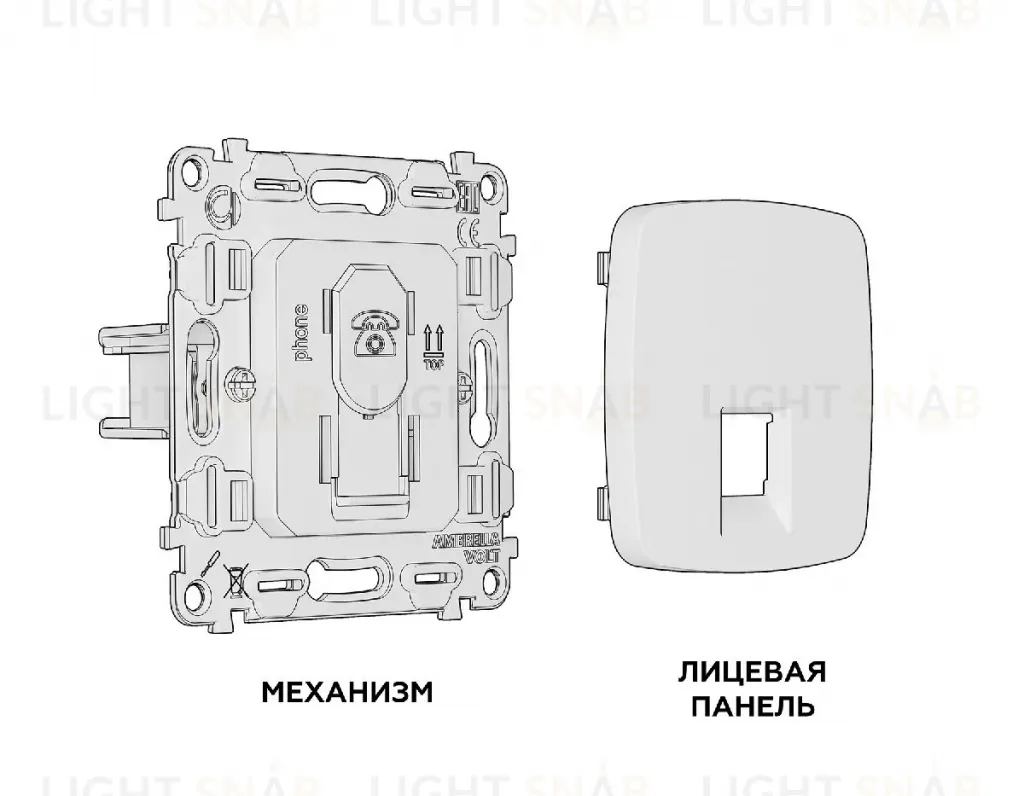 Комплект механизма телефонной розетки RJ-11(4P4C) со шторкой Ambrella Volt Omega MO912030 MO912030