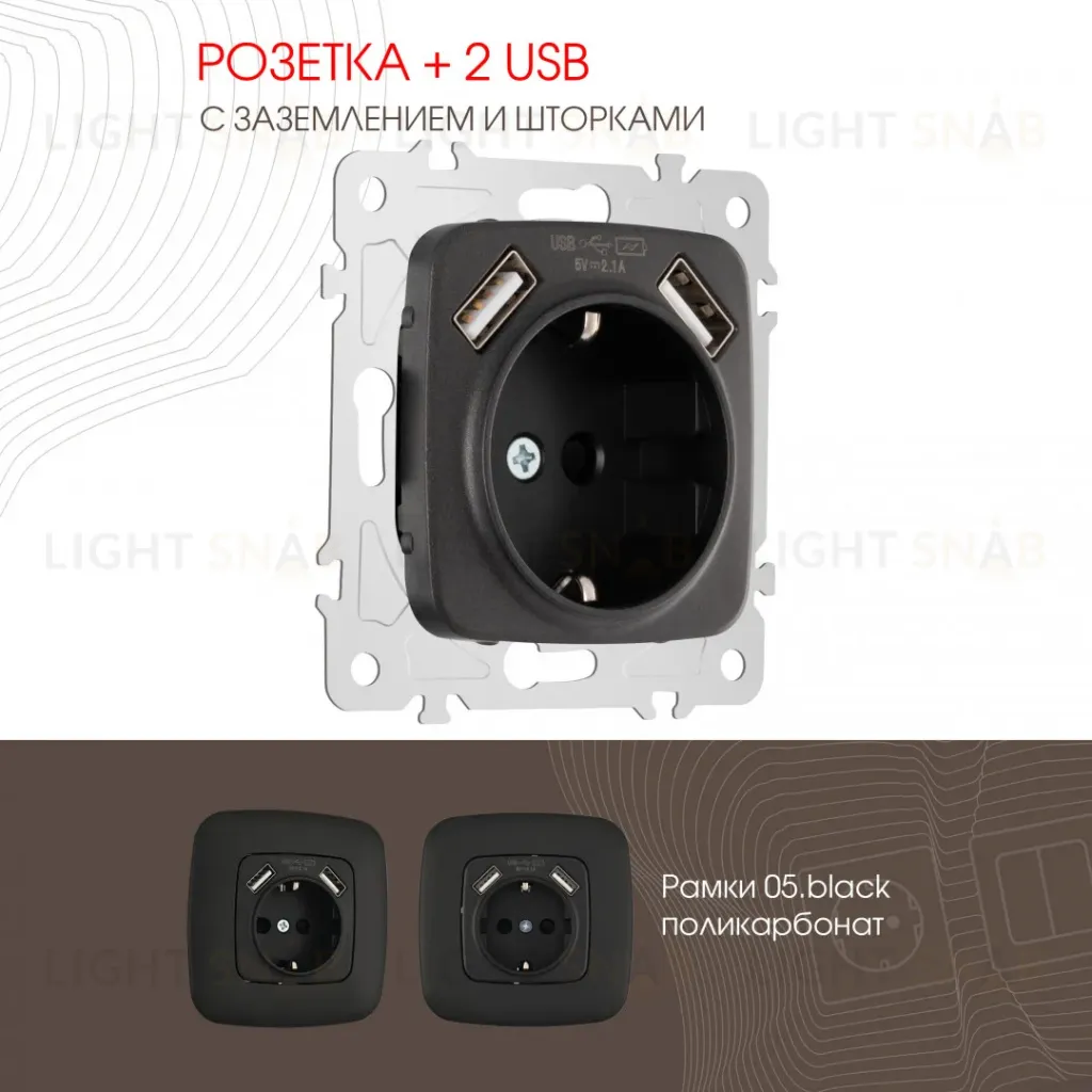 Розетка с заземлением, шторками + 2 USB Arte Milano 205.47-1.black 205.47-1.black