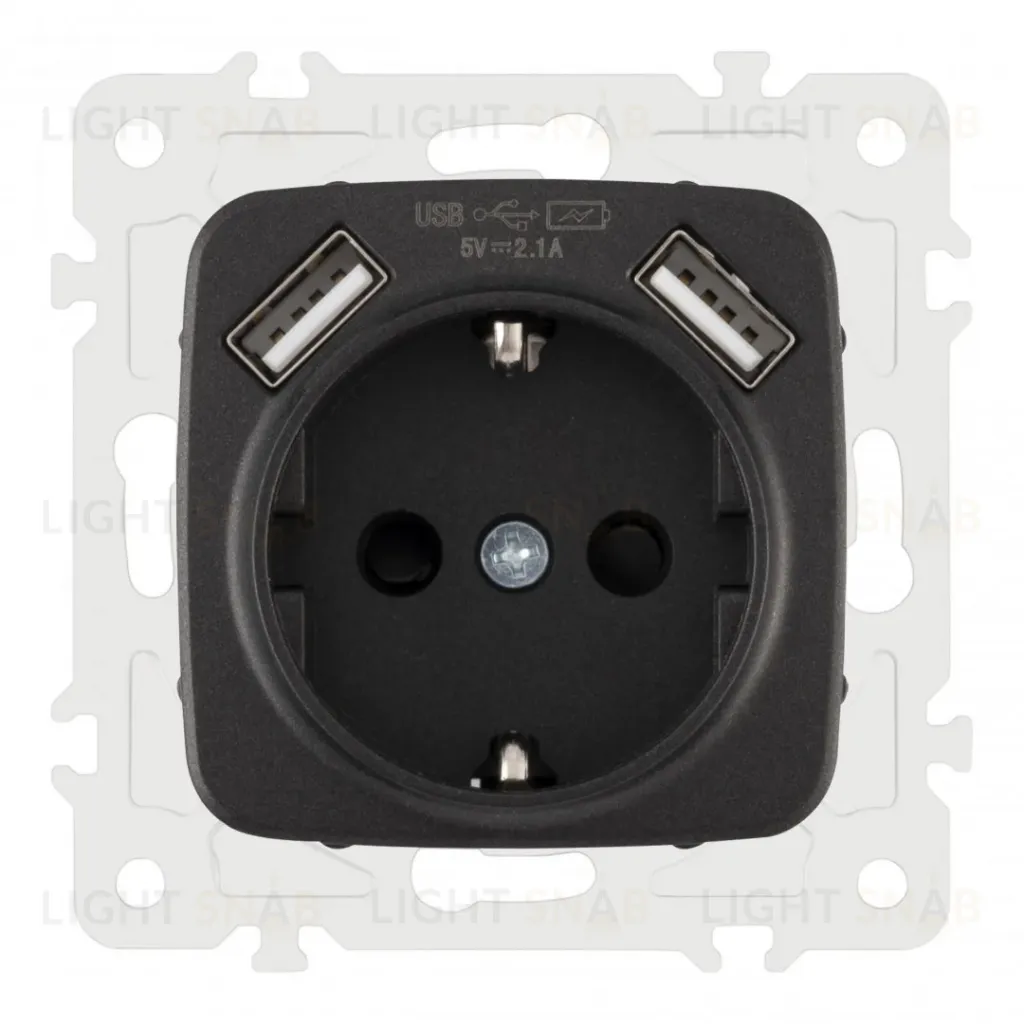 Розетка с заземлением, шторками + 2 USB Arte Milano 205.47-1.black 205.47-1.black
