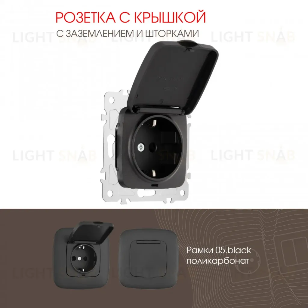 Розетка с заземлением, шторками и защитной крышкой Arte Milano 205.41-1.black 205.41-1.black
