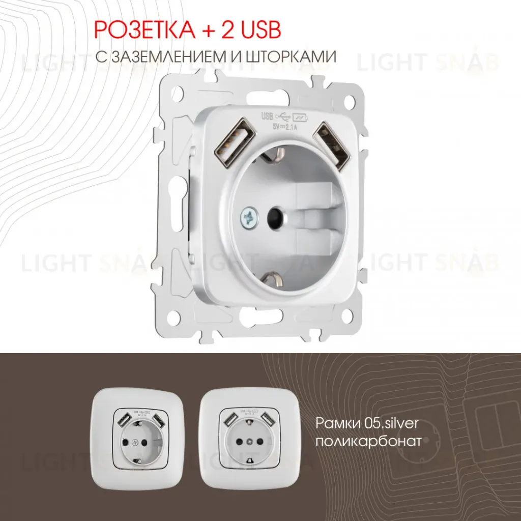 Розетка с заземлением, шторками + 2 USB Arte Milano 205.47-1.silver 205.47-1.silver