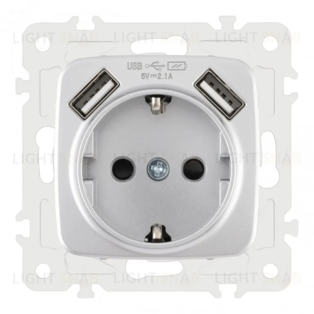 Розетка с заземлением, шторками + 2 USB Arte Milano 205.47-1.silver 205.47-1.silver