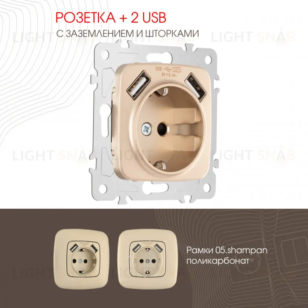 Розетка с заземлением, шторками + 2 USB Arte Milano 205.47-1.shampan 205.47-1.shampan