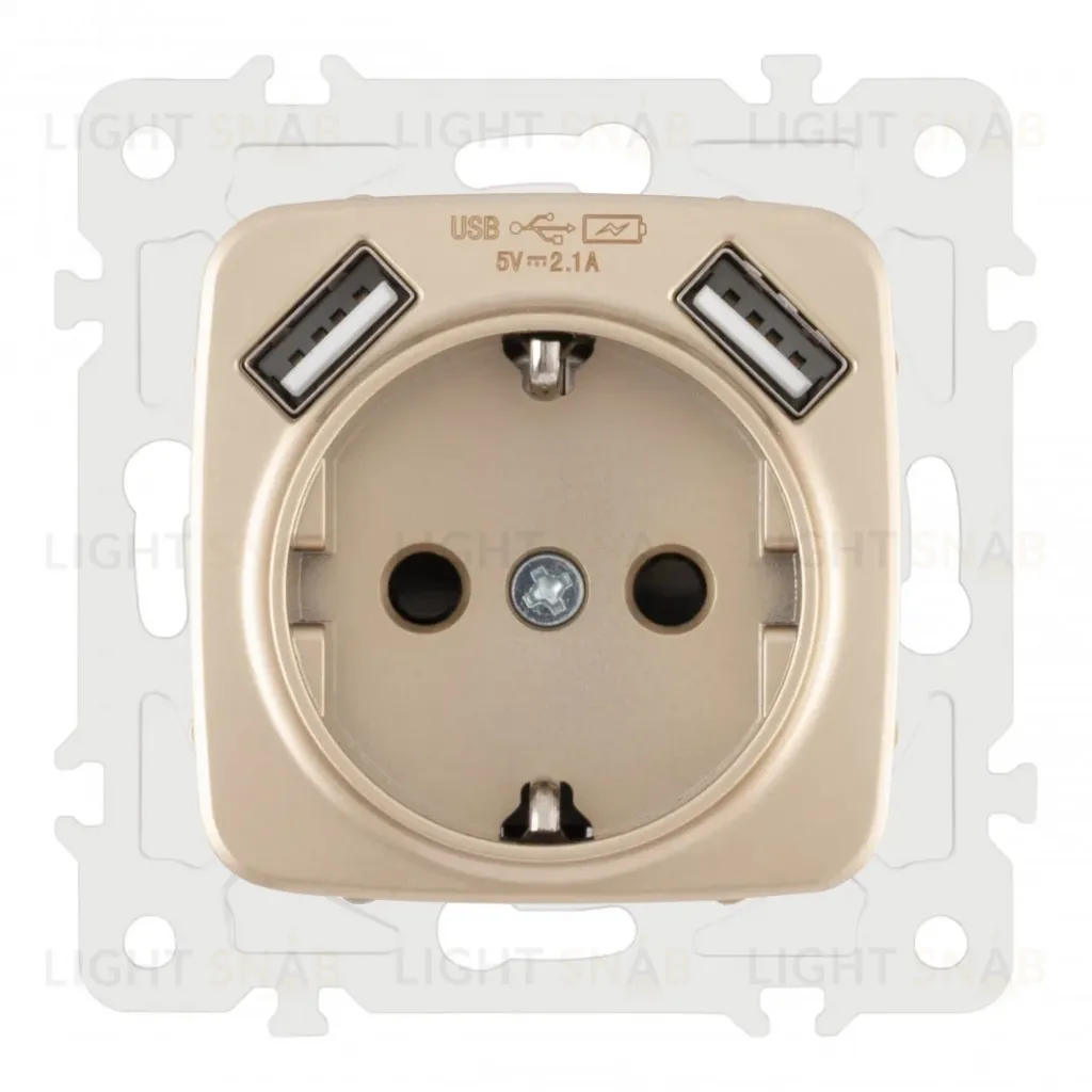 Розетка с заземлением, шторками + 2 USB Arte Milano 205.47-1.shampan 205.47-1.shampan